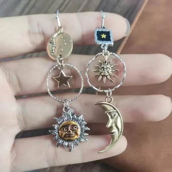 Sun Moon Stars Asymmetric Greek Mythology Handmade Creative Earrings - Picture 3 of 8